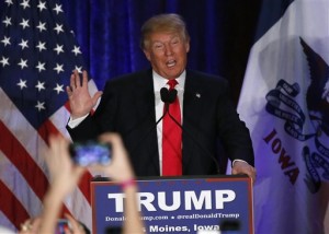 Republican presidential candidate, businessman Donald Trump speaks at his caucus night rally, West Des Moines, Iowa, Feb. 1, 2016 | AP Photo by Kiichiro Sato, St. George News