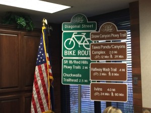 Examples of new signs that will appear along St. George's bike routes and trail system, Feb. 11, 2016 | Photo by Mori Kessler, St. George News 