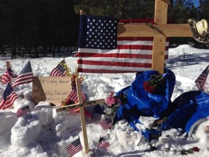 A makeshift roadside memorial for rancher LaVoy Finicum stands on a highway north of Burns, Oregon Sunday, Jan. 31, 2016. Finicum was killed Jan. 26 in a confrontation with the FBI and Oregon State Police on a remote road. Four people occupying the Malheur National Wildlife Refuge held their position Sunday. They have demanded that they be allowed to leave without being arrested, Burns, Oregon, Jan. 31, 2016 | AP Photo/Nick K. Geranios, St. George News