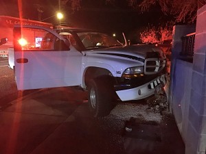 A driver lost control of her truck and smashed into a cement wall near the intersection of 400 East and 300 South, St. George, Utah, Feb. 28, 2015 | Photo by Kimberly Scott, St. George News