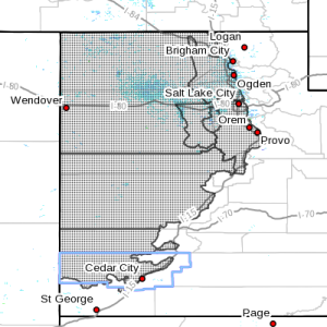 Dots indicate the area affected by the wind advisory, Southwest Utah, Feb. 17, 2016, 4:14 a.m. | Image courtesy of the National Weather Service, St. George News