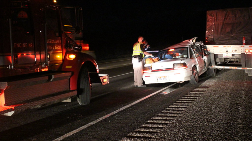 The Utah Highway Patrol responded to an accident on northbound I-15 that resulted in a passenger car wedged under a semitractor-trailer, Leeds, Utah, Feb. 22, 2016 | Photo by Mori Kessler, St. George News