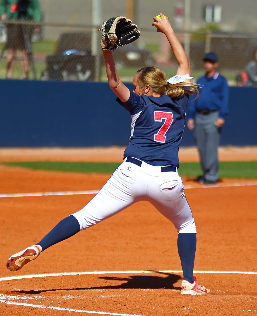 Dixie State's Aryn Feickert (7) pitched a no-hitter, Dixie State University vs. Chaminade University, Softball, St. George, Utah, Mar. 23, 2016, | Photo by Robert Hoppie, ASPpix.com, St. George News