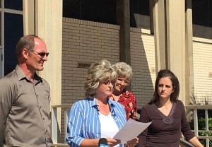 LaVoy Finicum’s wife, daughter, mother and brother stand on the steps of the Washington County Administration Building for a press conference held by the family in response to findings released by authorities in regards to LaVoy Finicum’s death, St. George, Utah, March 8, 2016 | Photo by Kimberly Scott, St. George News