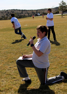 Iron County Prevention Coalition - Youth member Ethan Bates emcees the action during the kickball game, Cedar Middle School, Cedar City, Utah, March 16, 2016 | Photo by Carin Miller, St. George News