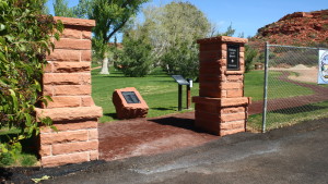 The twin pillars and informational plaque marking the entrance to the Pathway to the Quarry trail in St. George, Utah, Mar. 19, 2016 | Photo by Don Gilman, St. George News