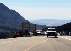 The drive shaft of a semitrailer came loose and pierced the trucks gas tank spilling 100 gallons of diesel fuel for about a mile on Interstate 15 near milepost 36, Utah, March, 2 | Photo by Carin MIller, St. George News