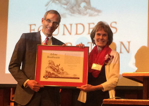 University President Scott L. Wyatt presents Arlene Braithewaite with a distinguished service award for her contributions to the university through the years, Southern Utah University Gilbert Great Hall, Cedar City, Utah, March 23, 2016 | Photo by Carin Miller, St. George News