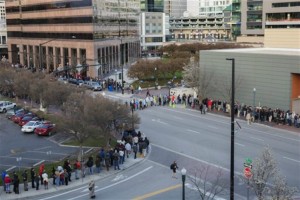 People wait in line for the county-wide Democratic caucus in Boise, Idaho, Tuesday, March 22, 2016. | AP Photo/Otto Kitsinger, St. George News 