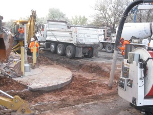 Workers perform maintenance on the street at 1000 East and 100 South. The road will remain closed until Saturday afternoon. St. George, Utah, March 5, 2016 | Photo by Ric Wayman, St. George News