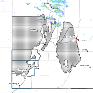 Dots denote area subject to a wind advisory issued by the National Weather Service at radar time 10:15 a.m., March 14, 2016 | Map courtesy of NWS, St. George News | Click on map to enlarge