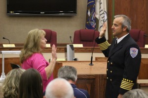 Matt Evans is sworn in as Washington City's new fire chief. He replacing retiring Fire Chief Brent Hafen, Washington City, Utah, March 28, 2015 | Photo by St. George News