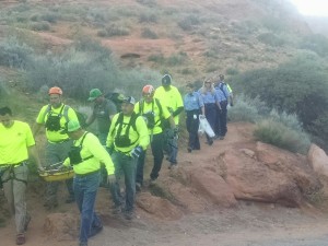 Rescuers carry out a 16-year-old girl after she fell and injured her leg Tuesday evening, Leeds, Utah, March 15, 2016 | Photo courtesy of Darrell Cashin, St. George News