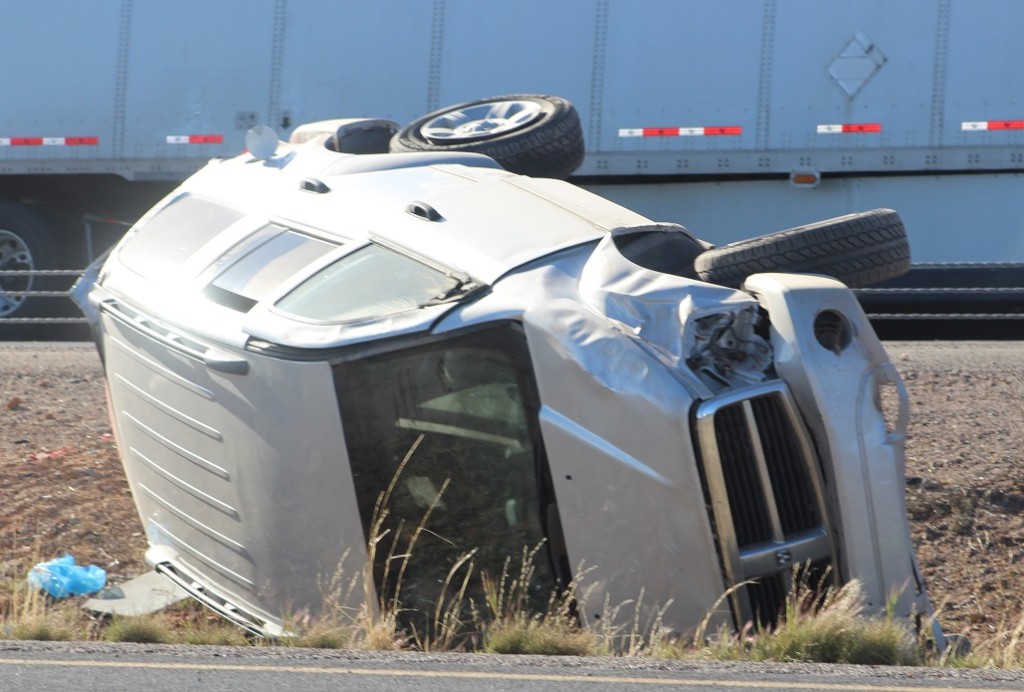 Frontal damage to Silver Dodge Durango in center median of Interstate 15 near exit 25, Leeds, Utah, Mar. 24, 2016|Photo by Cody Blowers, St. George News