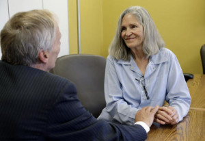 Former Charles Manson follower Leslie Van Houten confers with her attorney Rich Pfeiffer during a break from her hearing before the California Board of Parole Hearings at the California Institution for Women in Chino, Calif., Thursday, April 14, 2016. A California panel recommended parole Thursday for former Charles Manson follower Leslie Van Houten more than four decades after she and other cult members went to prison for the notorious killings of a wealthy grocer and his wife. (AP Photo/Nick Ut)