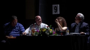 L-R: Vote tallier; and Judges Sheriff Cory Pulsipher, Dr. Sharon Richens, Darcy Stewart. “Dancing with your Community Stars” benefit show for the Washington County Children's Justice Center, Dixie High School auditorium, St. George, Utah, April 2, 2016 | Photo by Austin Peck, St. George News