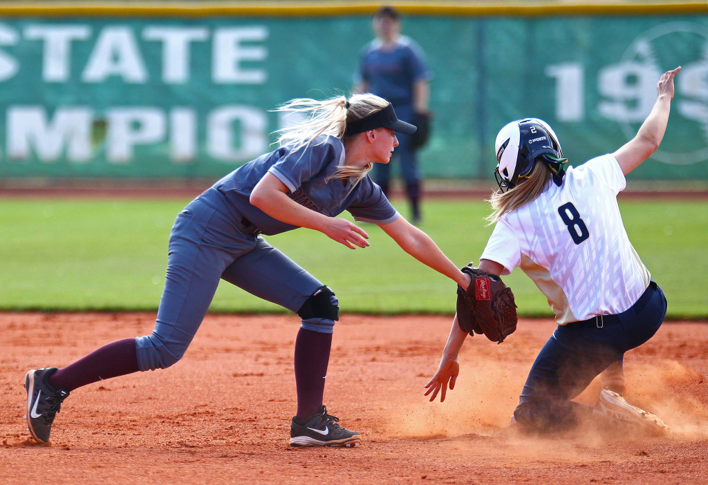 Snow Canyon's Taylor Gunn (8) and Pine View's Ashlyn Gubler (12), Snow Canyon vs. Pine View, Softball, St. George, Utah, Apr. 26, 2016, | Photo by Robert Hoppie, ASPpix.com, St. George News