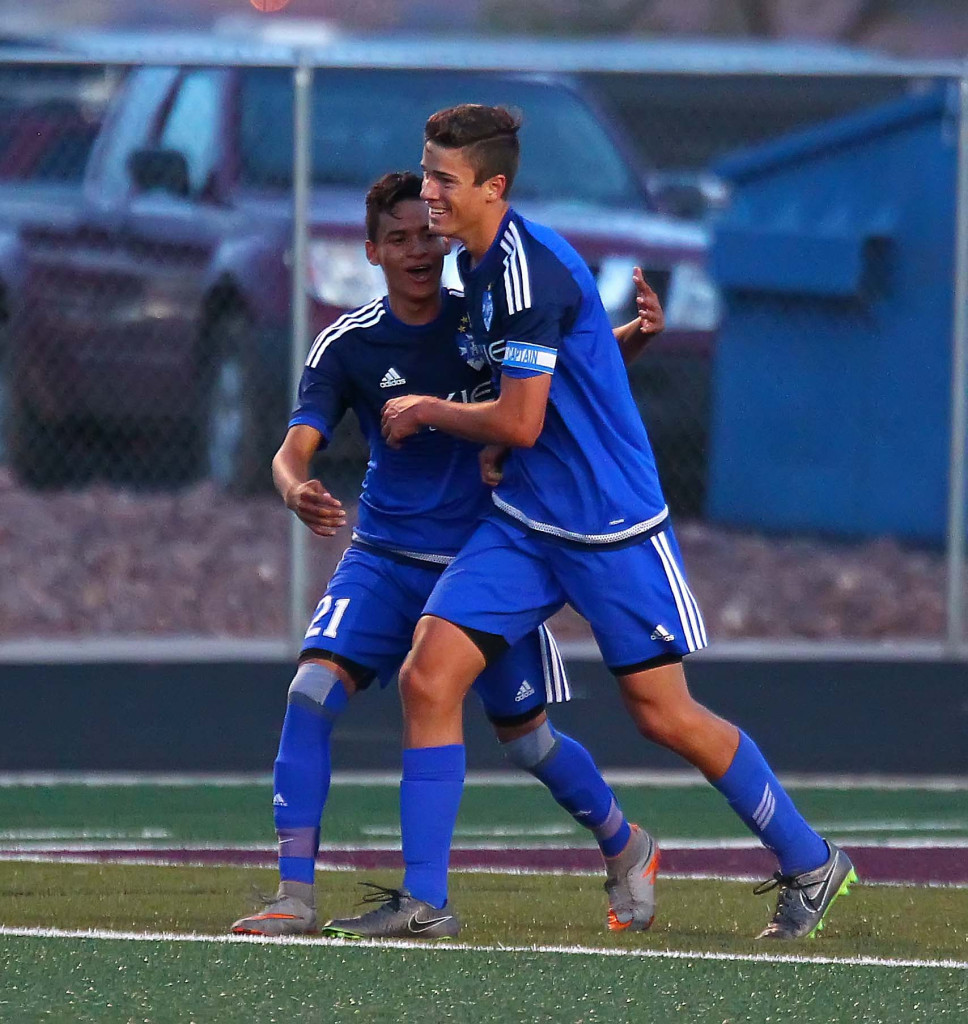 Dixie's Tyler Bennett (8) celebrates his second half goal, Pine View vs. Dixie, Soccer, St. George, Utah, Apr. 26, 2016, | Photo by Robert Hoppie, ASPpix.com, St. George News