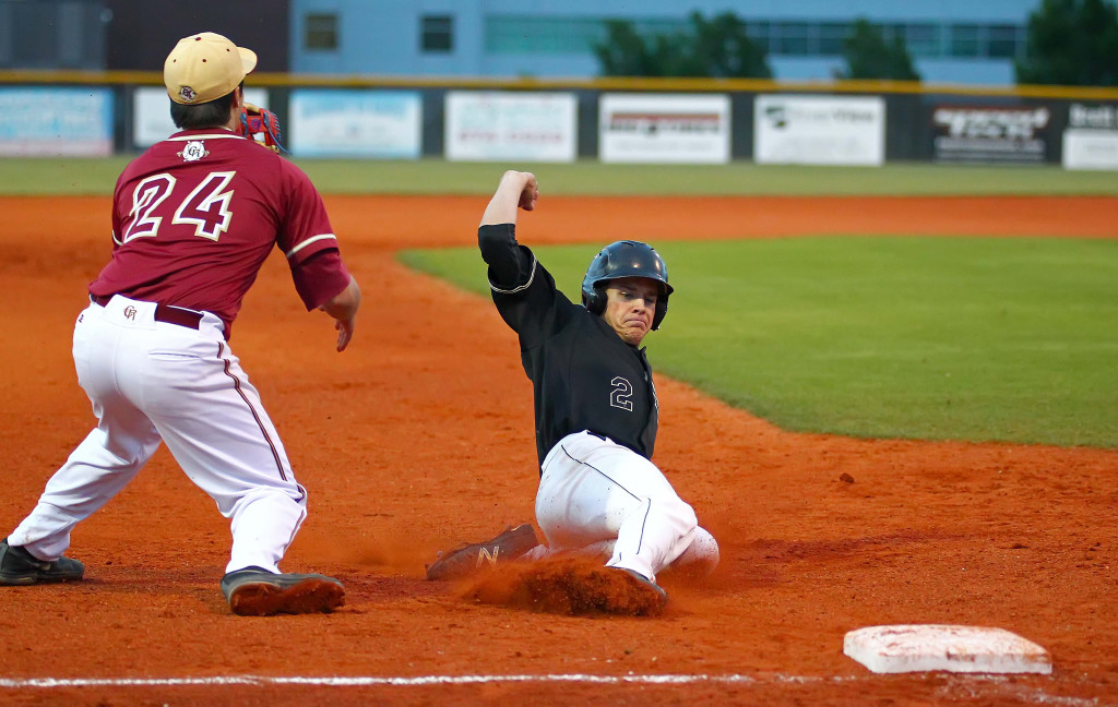 Desert Hills' Brayson Hurdsman (2) slides in to third safely, Desert Hills vs. Cedar, Baseball, St. George, Utah, Apr. 27, 2016, | Photo by Robert Hoppie, ASPpix.com, St. George News