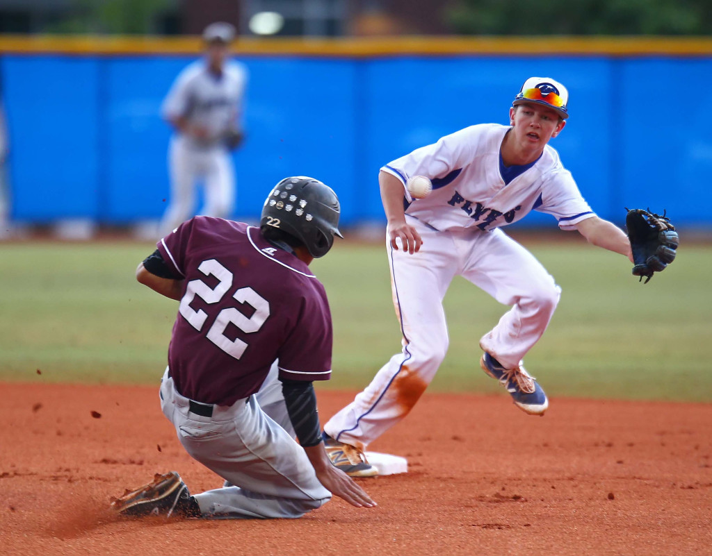 Pine View's Logan Lafamina (22) steals second base as Dixie's Taylor Yates (14) takes the throw, Dixie vs. Pine View, Baseball, St. George, Utah, Apr. 29, 2016, | Photo by Robert Hoppie, ASPpix.com, St. George News