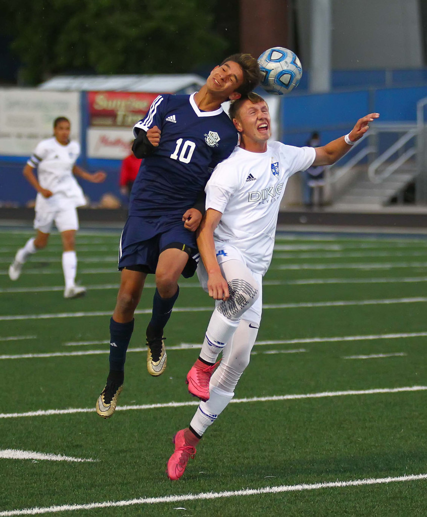 Snow Canyon's Angel Muniz (10) and Dixie's Jesse Wilkinson (4), Dixie vs. Snow Canyon, Soccer, St. George, Utah, Apr. 29, 2016, | Photo by Robert Hoppie, ASPpix.com, St. George News