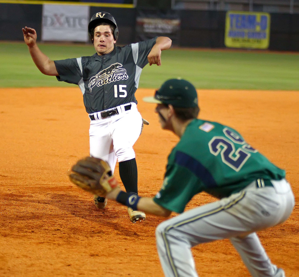 Pine View's Brooks Barney (15) and Snow Canyon's Tanner Howell (29), Pine View vs. Snow Canyon, Baseball, St. George, Utah, Apr. 4, 2016, | Photo by Robert Hoppie, ASPpix.com, St. George News