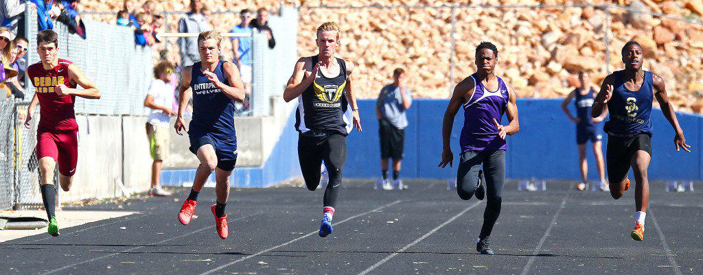 Boys 100 meter dash, Dixie Invitational, Track and Field, St. George, Utah, Apr. 23, 2016, | Photo by Robert Hoppie, ASPpix.com, St. George News