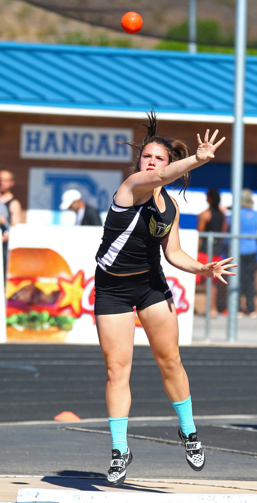 Desert Hills' Elly Williams wins the girls shot put,  Dixie Invitational, Track and Field, St. George, Utah, Apr. 23, 2016, | Photo by Robert Hoppie, ASPpix.com, St. George News