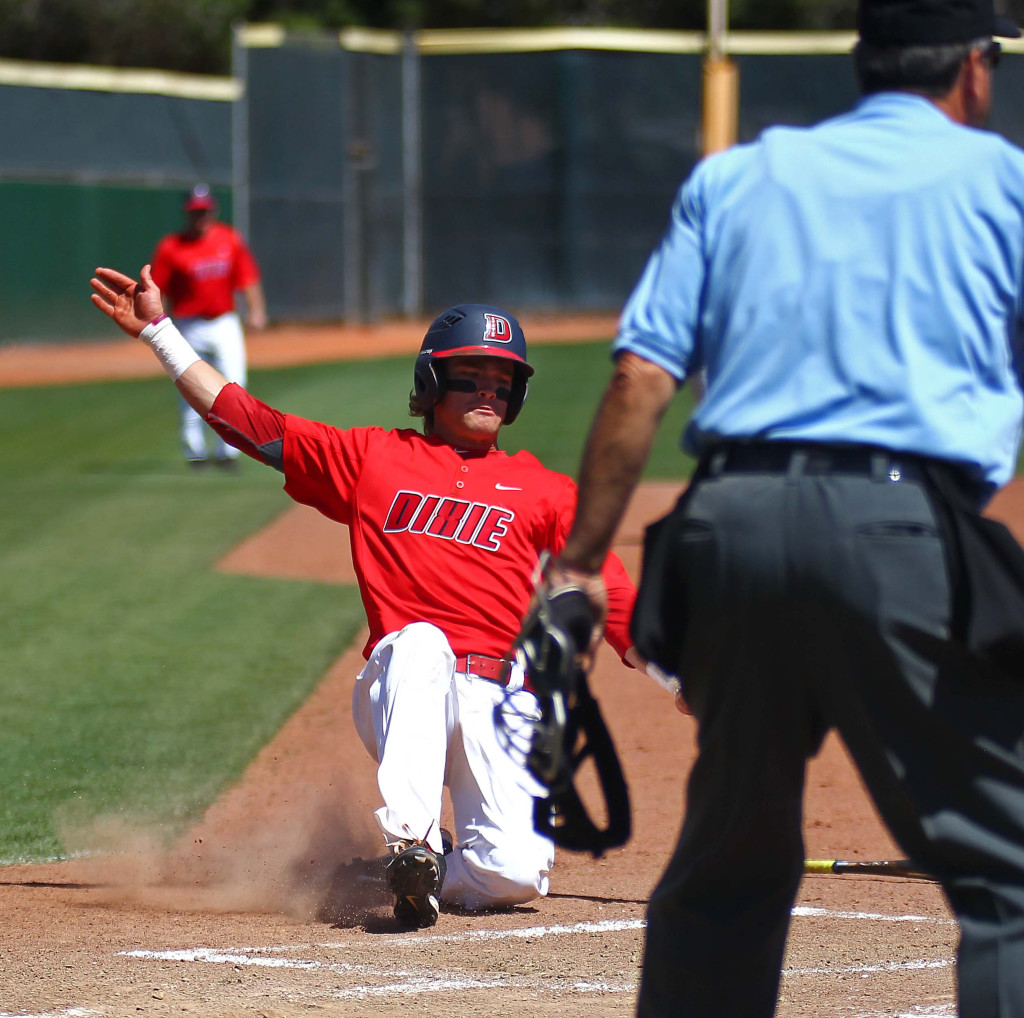 Dixie State's Drew McLaughlin (2) slides in to home safely, Dixie State University vs. Hawai'i Pacific University, Baseball, St. George, Utah, Apr. 23, 2016, | Photo by Robert Hoppie, ASPpix.com, St. George News