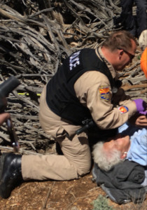 Camille Humphrey, 87, of Washington City, was found by rescuers more than 10 miles away from her vehicle after spending two days on the Arizona Strip. The elderly woman was found lying on the ground, motionless behind a bush, Mohave County, Arizona, April 12, 2016 | Photo courtesy of Arizona Department of Public Safety, St. George News