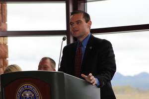 Ben Hart, managing director for the Urban and Rural Services in the Governor's Office of Economic Development, speaks to the crowd Tuesday who came out for the launching of the new Utah Aerospace Pathways Program that already has 14 high school seniors enrolled for this next fall. Cedar City, Utah April 26, 2016 | Photos taken by Cedar City News Reporter Tracie Sullivan. St. George/Cedar City News