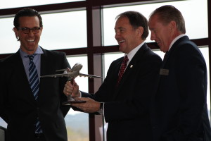 MSC Aerospace representatives present Governor Gary Herbert with his own Syberjet Tuesday during the press conference to announce the new Utah Aerospace Pathways Program in Iron County School District this coming fall. Cedar City, Utah, April 26, 2016 | Photos taken by Cedar City News Reporter Tracie Sullivan. St. George/Cedar City News Reporter 