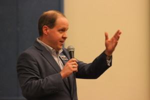 Senate Candidate Jonathan Swinton addresses the audience at the Washington County Democratic covention at Tonaquint Intermediate School in St. George, Utah, April 2, 2016 | Photo by Don Gilman, St. George News