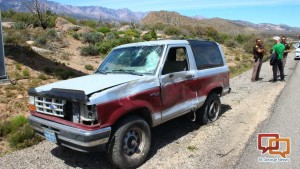 A driver lost control of his Ford Bronco on Interstate 15 near Toquerville, Utah, sustaining damage in the accident April 6, 2016 | Photo by Don Gilman, St. George News