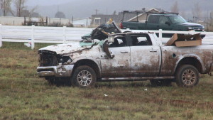 Pickup truck uprighted after a morning rollover off state Route 18 that resulted in the death of the driver and sole occupant of the vehicle, a 78-year-old Ivins man. Enterprise, Utah, April 9, 2016 | Photo by Don Gilman, St. George News