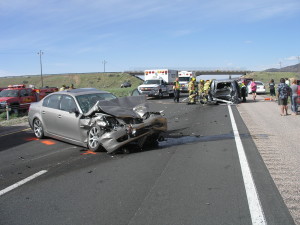 A temporary closure on Interstate-15 Friday afternoon due to a motorcycle accident at milepost 48 triggered a three-car pileup at milepost 47 just minutes after authorities closed the road. Kanarraville, Utah April 22, 2016 | Photo courtesy of Utah Highway Patrol, St. George/Cedar City News