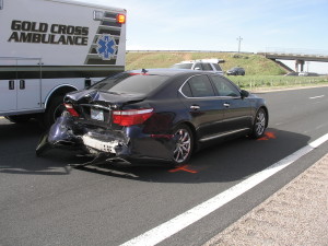 A temporary closure on Interstate-15 Friday afternoon due to a motorcycle accident at milepost 48 triggered a three-car pileup at milepost 47 just minutes after authorities closed the road. Kanarraville, Utah April 22, 2016 | Photo courtesy of Utah Highway Patrol, St. George/Cedar City News