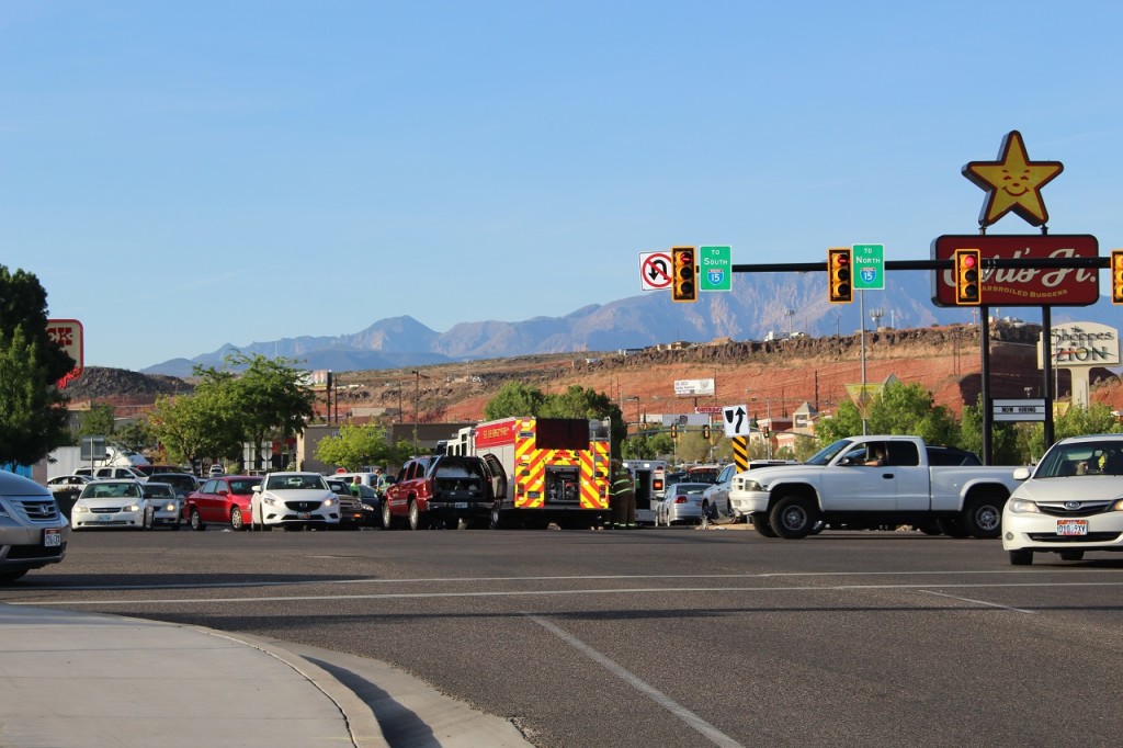 Intersection where multi-car collision initiated by a driver suspected of DUI, Intersection of East St. George Boulevard and North River Road, St. George, Utah, Apr. 20, 2016|Photo by Cody Blowers, St. George News