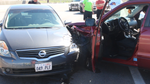 A woman was transported to the hospital following a three-vehicle collision on the Interstate 15 Exit 5 overpass, St. George, Utah, April 11, 2016 | Photo by Mike Cole, St. George News 