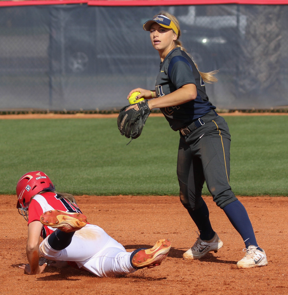 Dixie State's Josey Hartman (15) Dixie State University vs. California Baptist University, Softball , St George, Utah, Apr. 8, 2016, | Photo by Kevin Luthy, St. George News