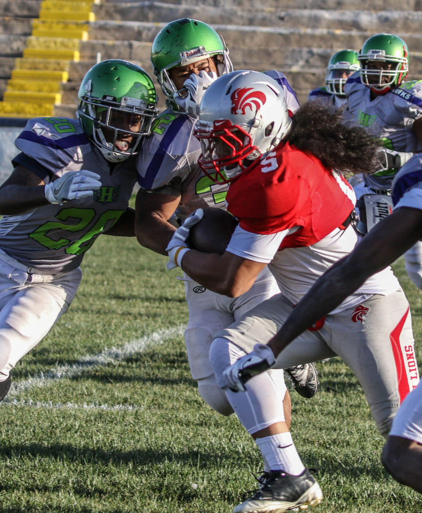 Zion Lions' Rimo Mapu (5) rushed for over 100 yards vs. Davis. File photo from Zion Lions vs.Vegas Hawks, Football, St. George, Utah, Apr. 16, 2016, | Photo by Kevin Luthy, St. George News