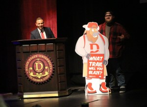 A standee of Brooks the Bison, created and presented by Dixie State University student Colton Campbell, at the reveal of DSU's the new identity and mascot, St. George, Utah, April 11, 2016 | Photo by Mori Kessler, St. George News