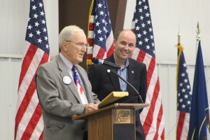 Retiring Washington County Commissioner Alan Gardner is recognized and honored for his years of service by the state, as represented by Lt. Gov. Spencer Cox, Washington County Republican nominating convention, Hurricane, Utah, April 16, 2016 | Photo by Mori Kessler, St. George News