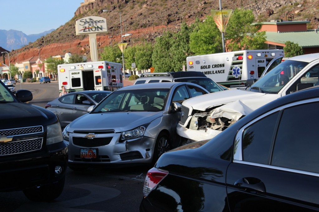 Extensive damage and multiple injuries caused by 8-car collision initiated by a driver suspected of DUI, Intersection of East St. George Boulevard and North River Road, St. George, Utah, Apr. 20, 2016|Photo by Cody Blowers, St. George News