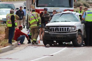 A man lost control and rolled his Jeep after driving through Red Hills Parkway at a high rate of speed Saturday. St. George, Utah, April 30, 2016 | Photo by Ric Wayman, St. George News