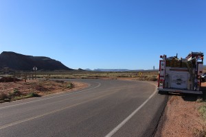 The turn from Washington Fields Road to Warner Valley Road. The rider was riding from the left and missed the turn coming toward the fire engine. Washington, Utah, April 16, 2016 | Photo by Ric Wayman, St. George News