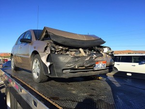 A wheelbarrow and debris on northbound Interstate 15, near milepost 12, resulted in a two-vehicle collision on the freeway, Washington City, Utah, April 6, 2016 | Photo by Kimberly Scott, St. George News