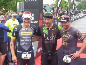 Top three pro men finishers Lionel Sanders (center), Sebastian Kienle (left) and Joe Gambles (right). Ironman 70.3 St. George North American Pro Championship. St. George, Utah, May 7, 2016 | Photo by Andy Griffin, St. George News