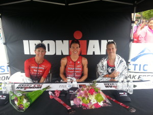 Top 3 Pro Women finishers Heather Wurtele (center), Holly Lawrence (right), Meredith Kessler (left). Ironman 70.3 St. George North American Pro Championship. St. George, Utah, May 7, 2016 | Photo by Andy Griffin, St. George News