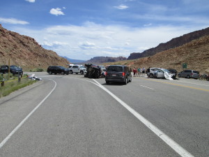 A teenage girl from Texas died Saturday as the result of a two-vehicle crash near the entrance to Arches National Park, Moab, Utah, May 14, 2016 | Photo courtesy of Utah Highway Patrol, St. George News